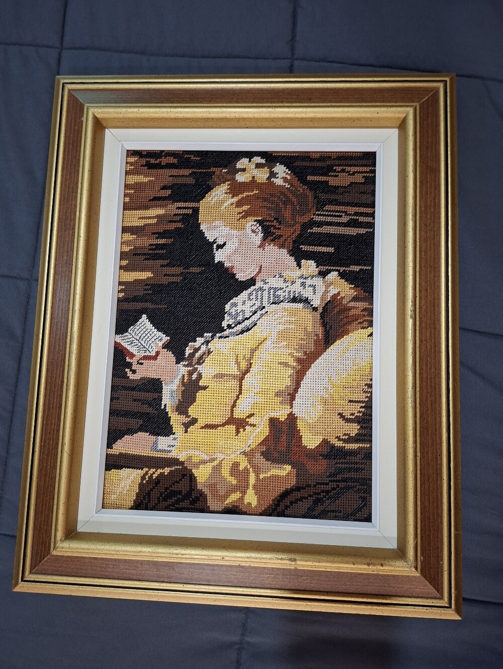 Vintage Handmade Cross Stitch  Art Wood Framed Needlepoint Reading Lady